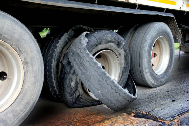 damaged tire after tire explosion at high speed on highway.